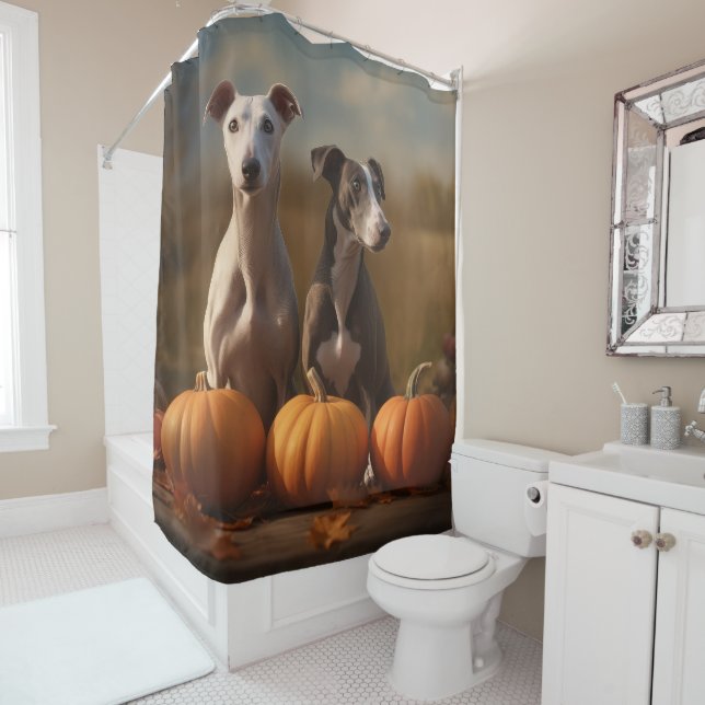Rideaux De Douche Greyhound Chiot Automne Citrouille de plaisir (En situation)