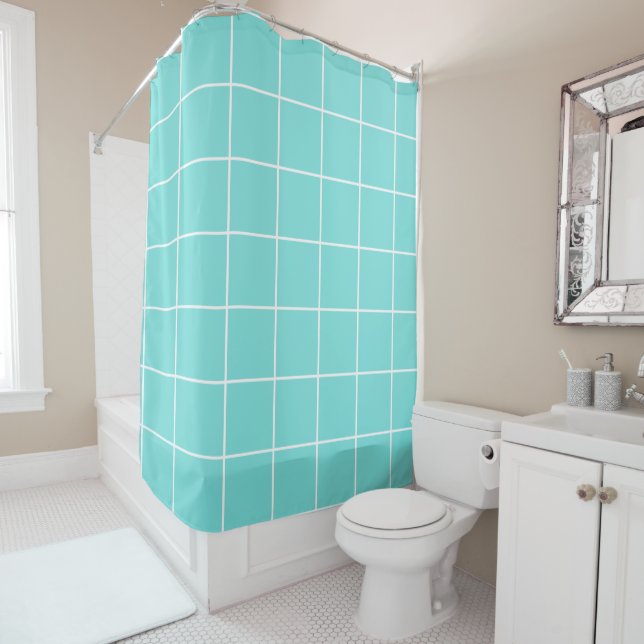 Rideaux De Douche Grille Turquoise et blanche (En situation)