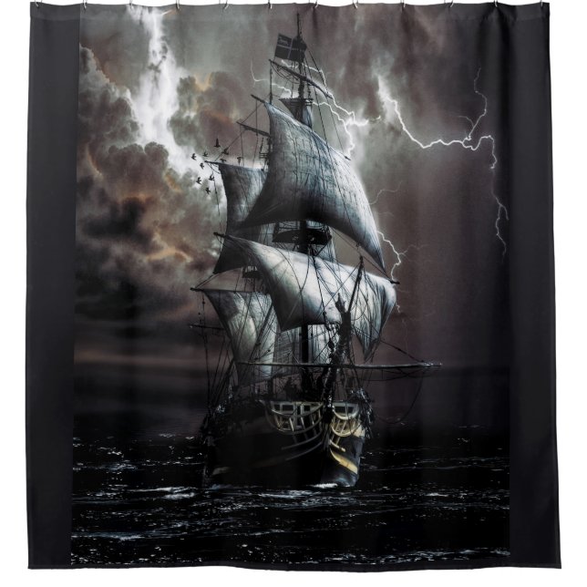 Rideaux De Douche Gris Black Stormy Rainy Lightning Night Pirate (Devant)