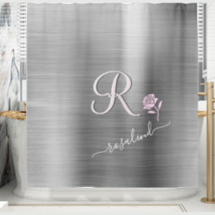 Rideaux De Douche Gris élégant avec Monogramme personnalisé Rose ros