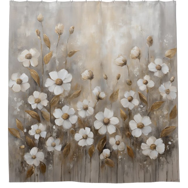Rideaux De Douche Gris Neutre Or Taupe Floral (Devant)