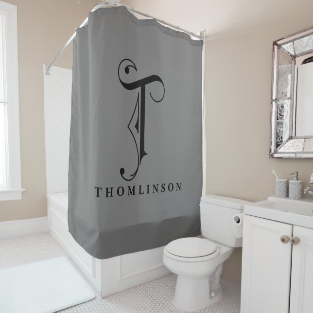 Rideaux De Douche Gris sophistiqué avec Monogramme T sur mesure (En situation)