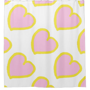 Rideaux De Douche Gros coeur motif jaune rose sur blanc