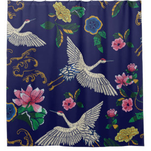 Rideaux De Douche Grues brodées et fleurs, vintage transparent p