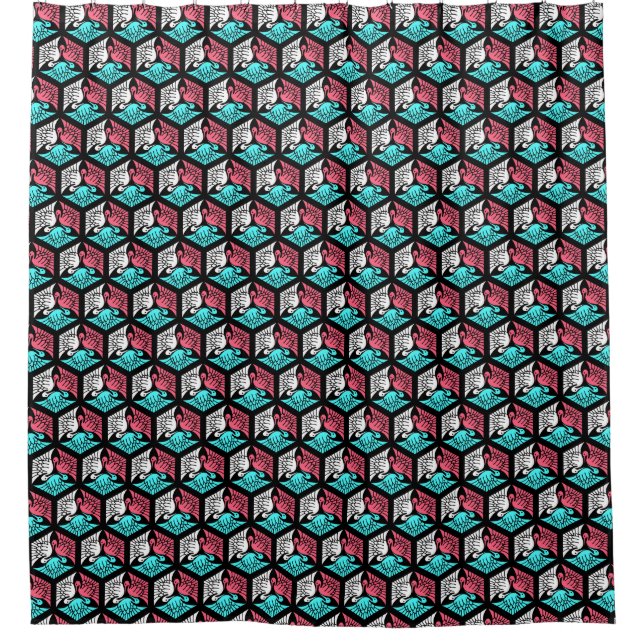 Rideaux De Douche Grues japonaises, corail, turquoise et noir (Devant)