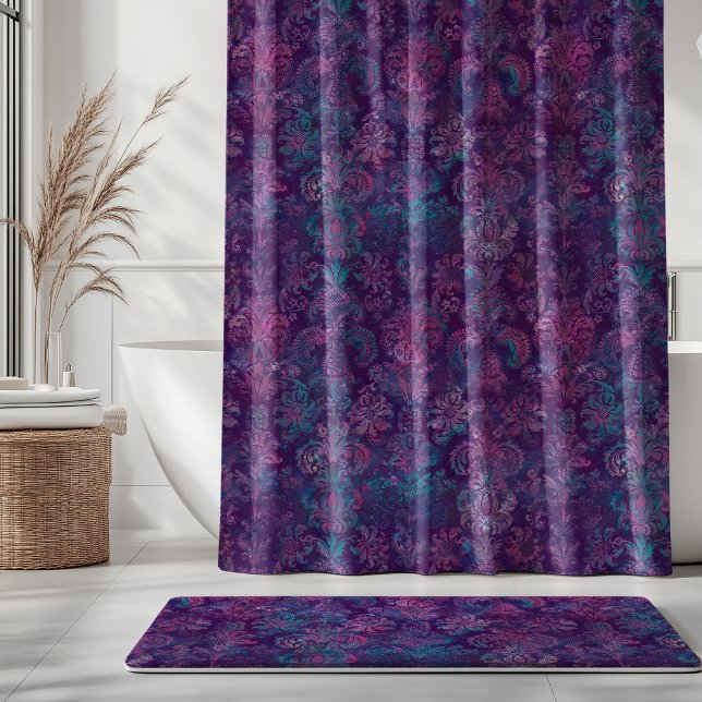 Rideaux De Douche Grunge Damask Purple Violet Hot Pink Turquoise (Créateur téléchargé)