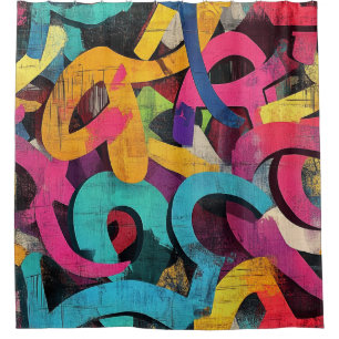 Rideaux De Douche Grunge Graffiti Abstrait en Rose Jaune Bleu