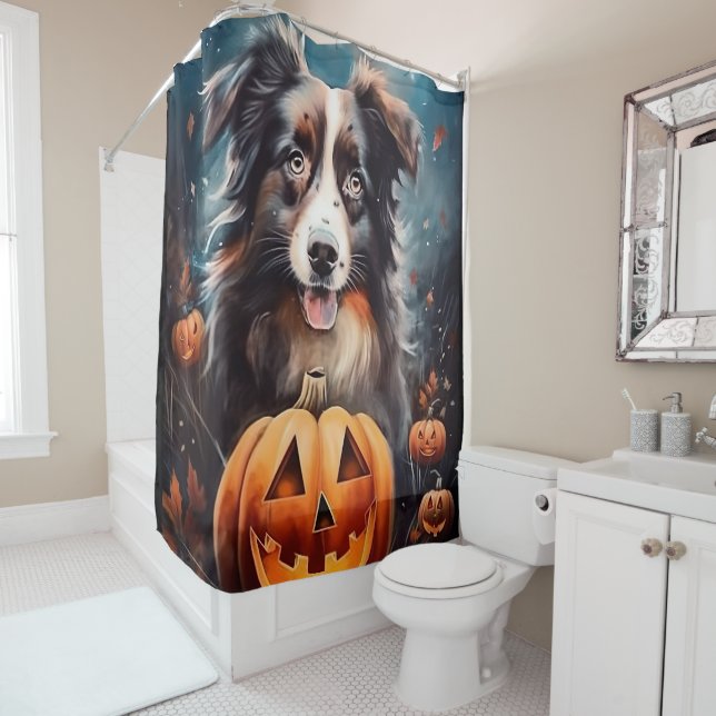 Rideaux De Douche Halloween Berger Australien Avec La Peur Citrouill (En situation)