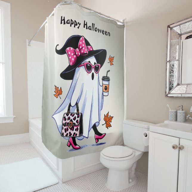 Rideaux De Douche Halloween Cute Stylish sorcière Ghost Coffee Cup (En situation)
