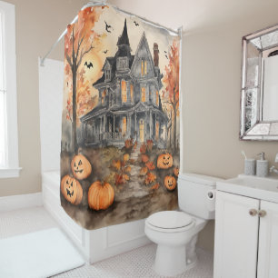 Rideaux De Douche Halloween Éffrayant de la vieille maison d'IA