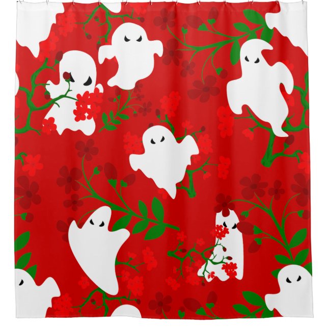 Rideaux De Douche halloween floral fantômes fleurs rouge foncé (Devant)