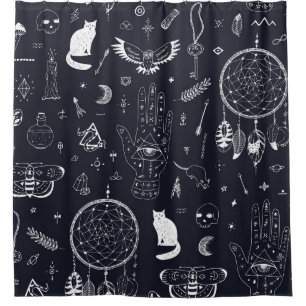 Rideaux De Douche Halloween Magic : Vintage Doodle Motif.