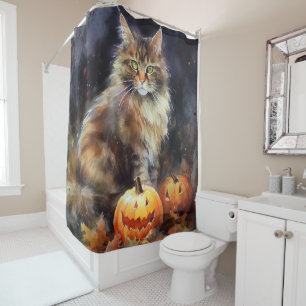 Rideaux De Douche Halloween Maine Coon Chat Avec Crainte Citrouille