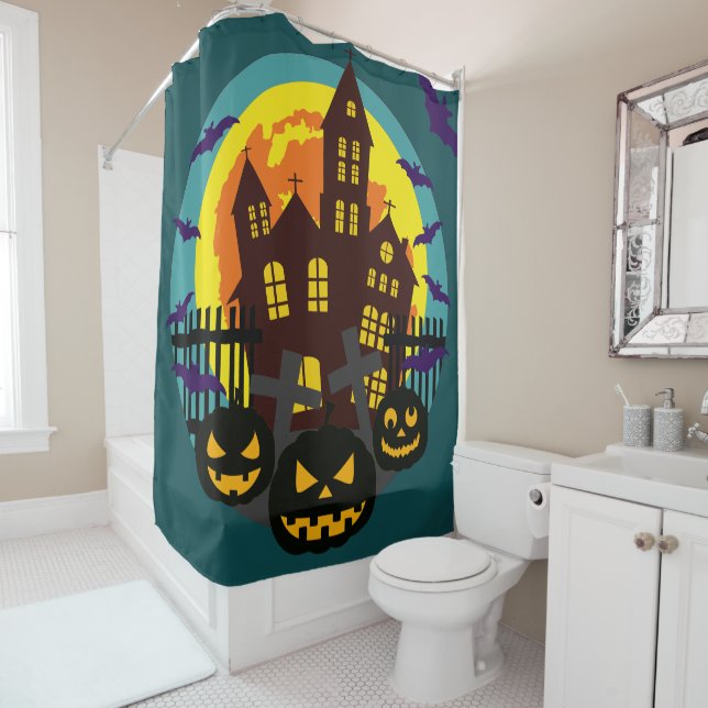 Rideaux De Douche Halloween Maison hantée Citrouille effrayante chau (En situation)