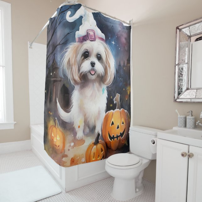 Rideaux De Douche Halloween Malti Tzu Avec Peur Citrouille (En situation)