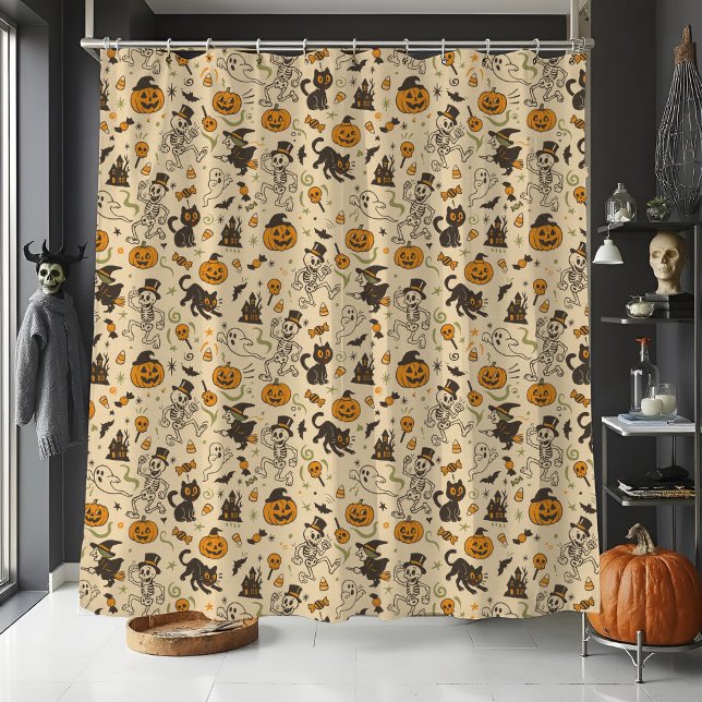 Rideaux De Douche Halloween Retro Vintage Danser Skeleton Nostalgale (Retro Halloween shower curtain covered in dancing vintage cartoon skeletons, pumpkins and black cats)