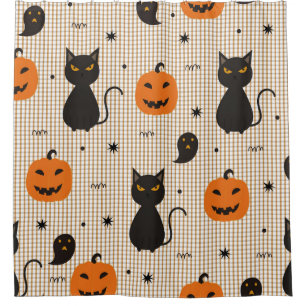 Rideaux De Douche Halloween seamless pattern with black cat and ghos