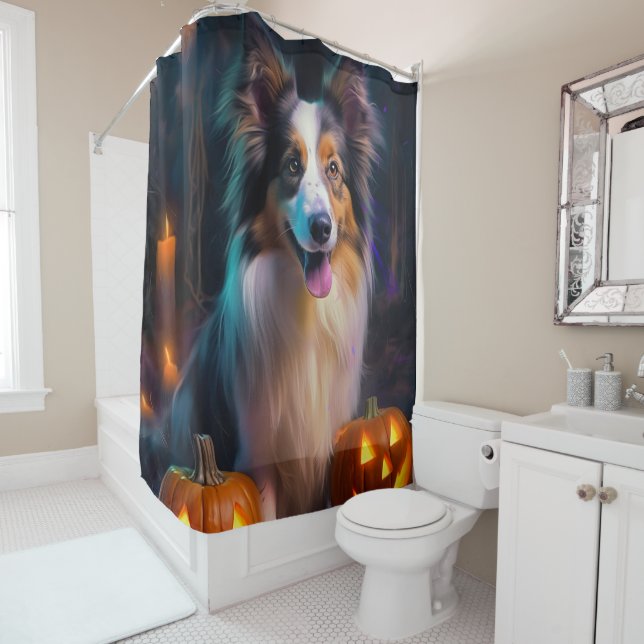 Rideaux De Douche Halloween Shetland Sheepdog Avec la peur Citrouill (En situation)