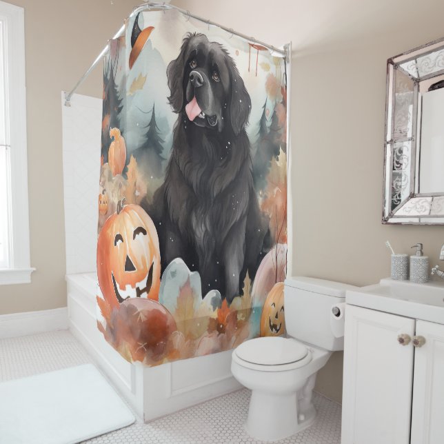 Rideaux De Douche Halloween Terre-Neuve avec la peur Citrouille (En situation)