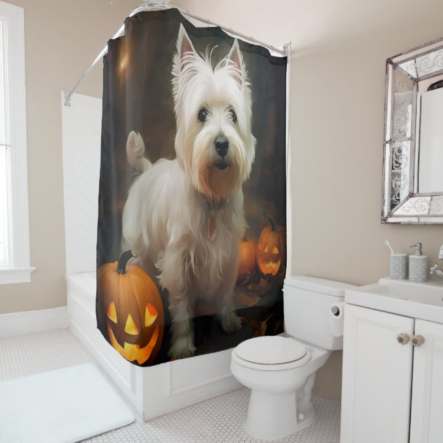 Rideaux De Douche Halloween West Highland White Terrier Citrouilles (En situation)