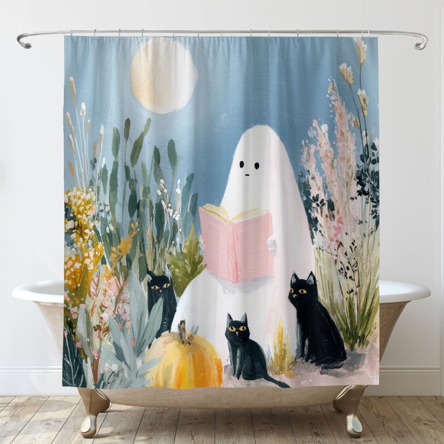 Rideaux De Douche Halloween Whimsical Livre Lover Fantôme Chats Noir (Créateur téléchargé)