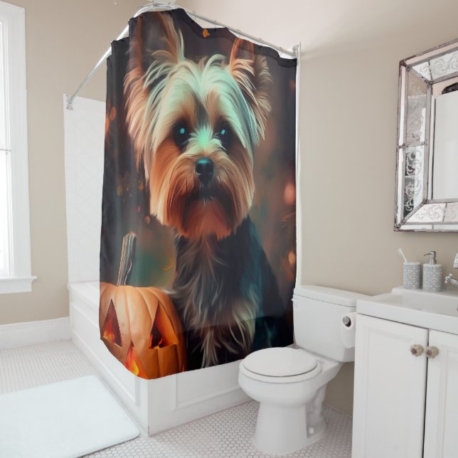 Rideaux De Douche Halloween Yorkshire Terrier Avec La Peur Citrouill (En situation)
