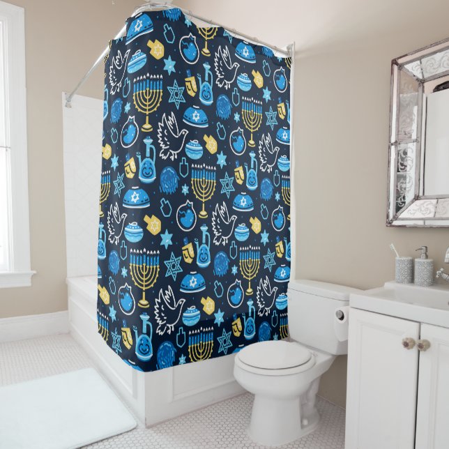 Rideaux De Douche Hanoukka Symboles Motif bleu (En situation)