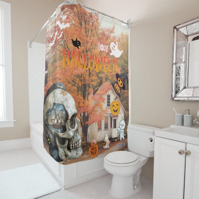Rideaux De Douche Happy Halloween crâne de chalet avec navire (En situation)