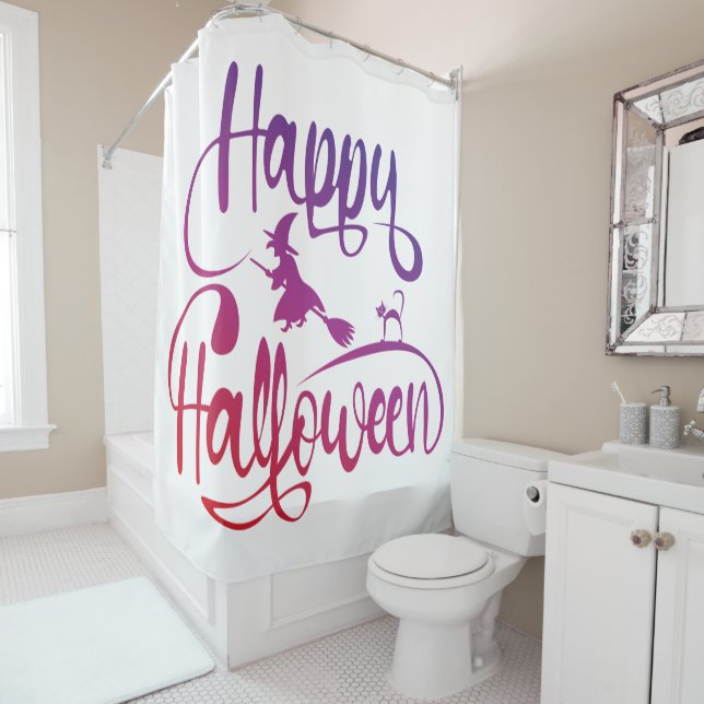 Rideaux De Douche Happy Halloween dégradé volant sorcière chat (En situation)