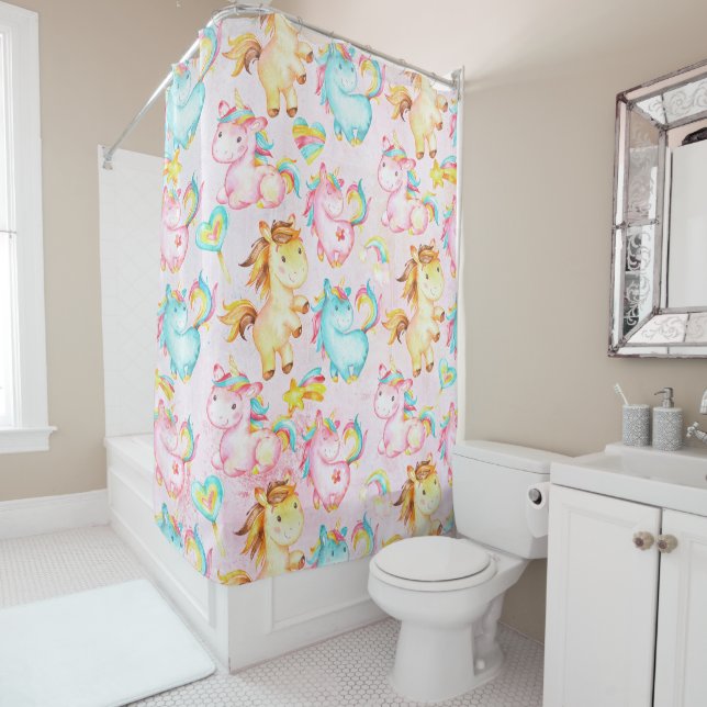 Rideaux De Douche Happy Unicorns Motif-Unicorn Amour en rose (En situation)
