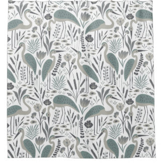 Rideaux De Douche Heron et marais Plantes gris monochrome