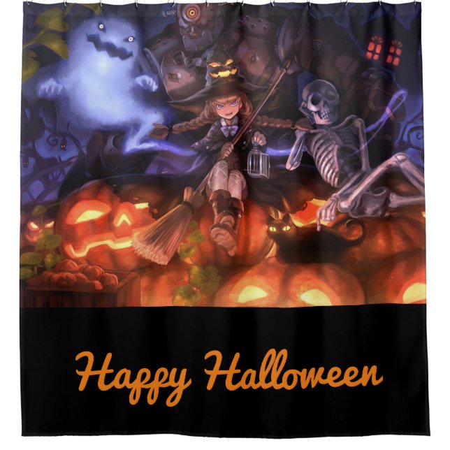 Rideaux De Douche Heureuse sorcière d'Halloween et amis (Devant)