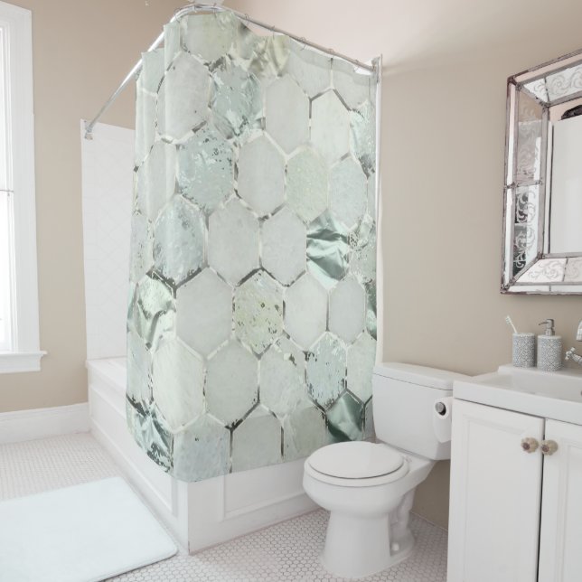 Rideaux De Douche Hexagone Marbre Mint Aqua Métal Blanc Gris (En situation)