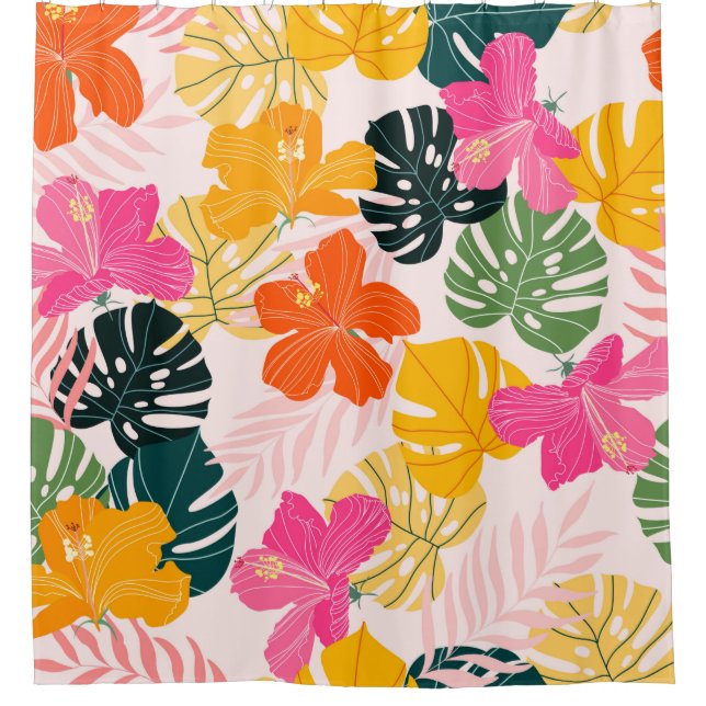 Rideaux De Douche Hibiscus et monstère feuille motif tropical desi (Devant)