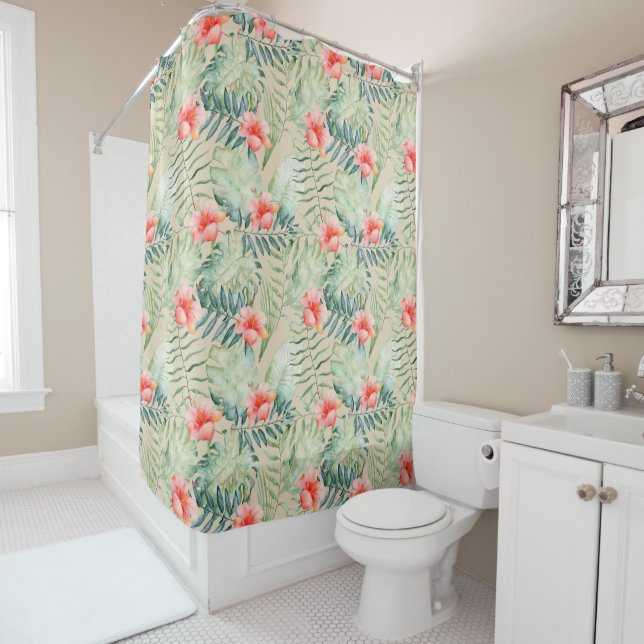 Rideaux De Douche Hibiscus Feuille tropical Aquarelle florale (En situation)