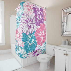 Rideaux De Douche Hibiscus Floral Hawaïen Fleurs rose Turquoise viol