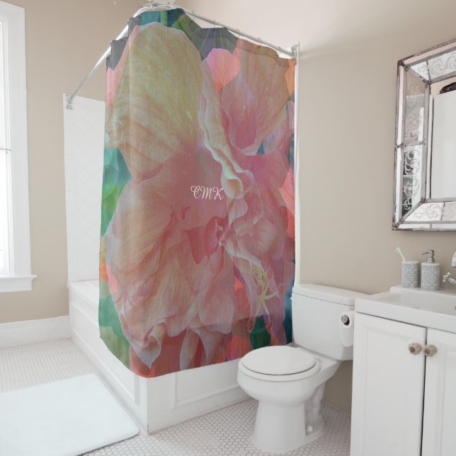 Rideaux De Douche Hibiscus Pique Fabric Monogramme (En situation)