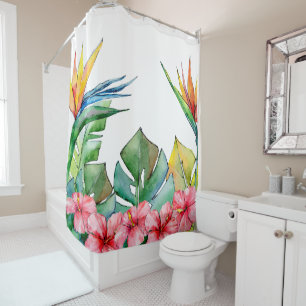 Rideaux De Douche Hibiscus rose Feuille vert tropical Hawaï