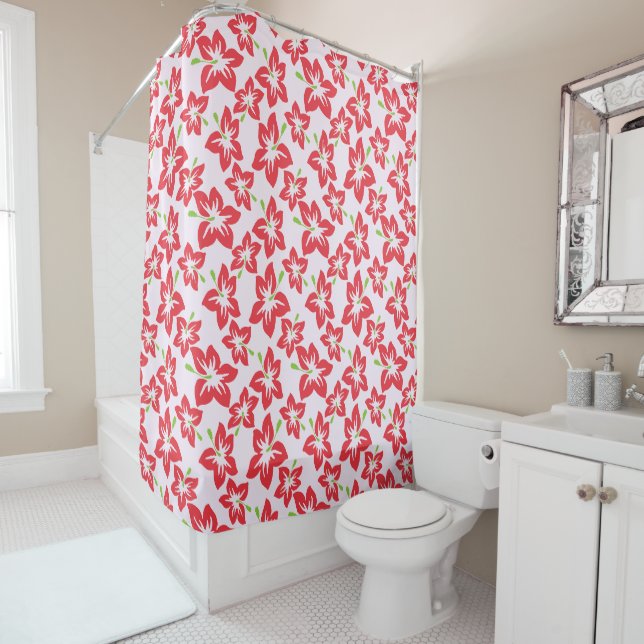 Rideaux De Douche Hibiscus Rouge, Fleurs Rouges, Motif De Fleurs (En situation)