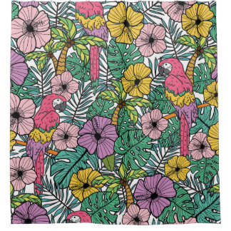 Rideaux De Douche Hibiscus tropical, palmier, perroquets motif.