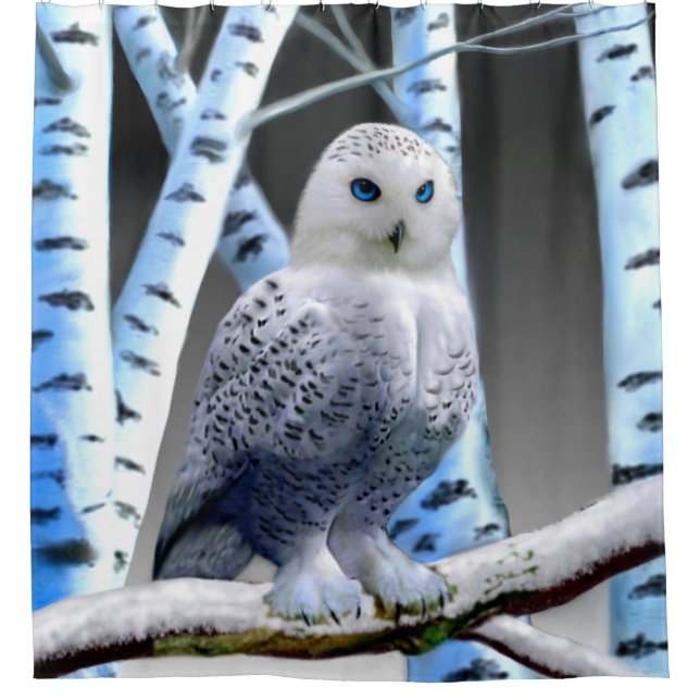 RIDEAUX DE DOUCHE HIBOU AUX YEUX BLEUS DE NEIGE (Devant)