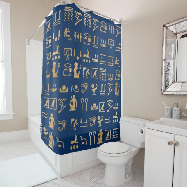 Rideaux De Douche Hiéroglyphes d'Égypte or sur bleu (En situation)