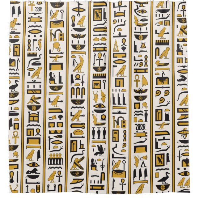 Rideaux De Douche Hiéroglyphes égyptiens : Jaune-Noir Sans Seamless. (Devant)