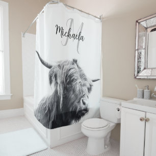 Rideaux De Douche Highland cow portrait initial monogram black white