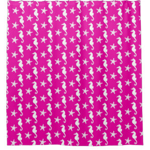 Rideaux De Douche Hippocampe et étoile de mer - blanc sur rose fuchs