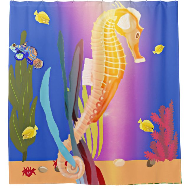 Rideaux De Douche Hippocampe orange attaché sur l'herbe marine (Devant)