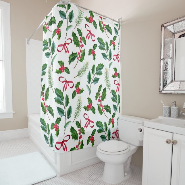 Rideaux De Douche Holly Berries Holly Feuilles Mistletoe Noël (En situation)