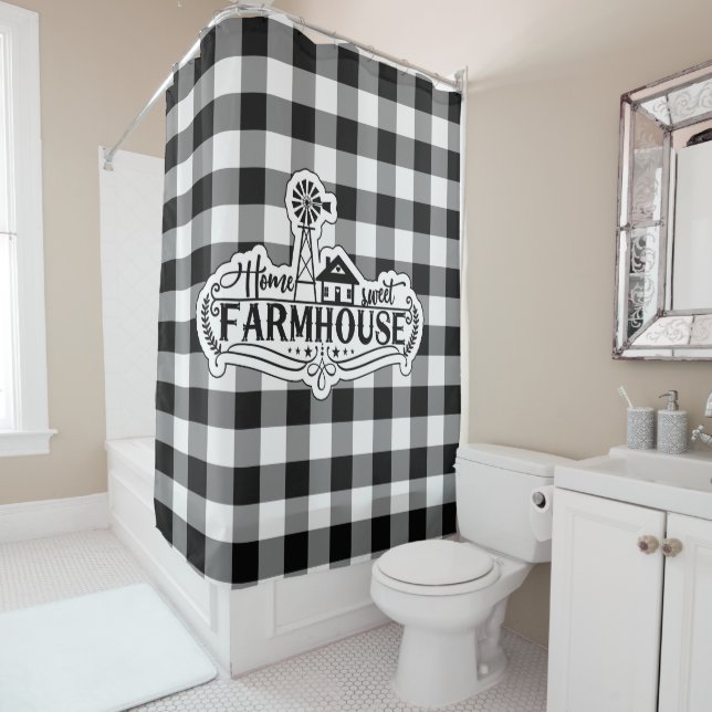 Rideaux De Douche Home Sweet Farmhouse Buffalo noir et blanc Plaid (En situation)
