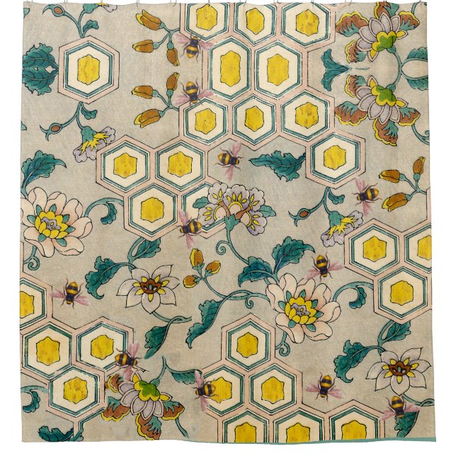 RIDEAUX DE DOUCHE HONEY BEEHES, BEEHIVES, PRINTEMPS FLEURS BEEKEEPER (Devant)