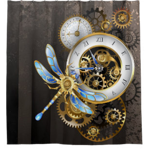 Rideaux De Douche Horloge à vapeur avec libellule mécanique
